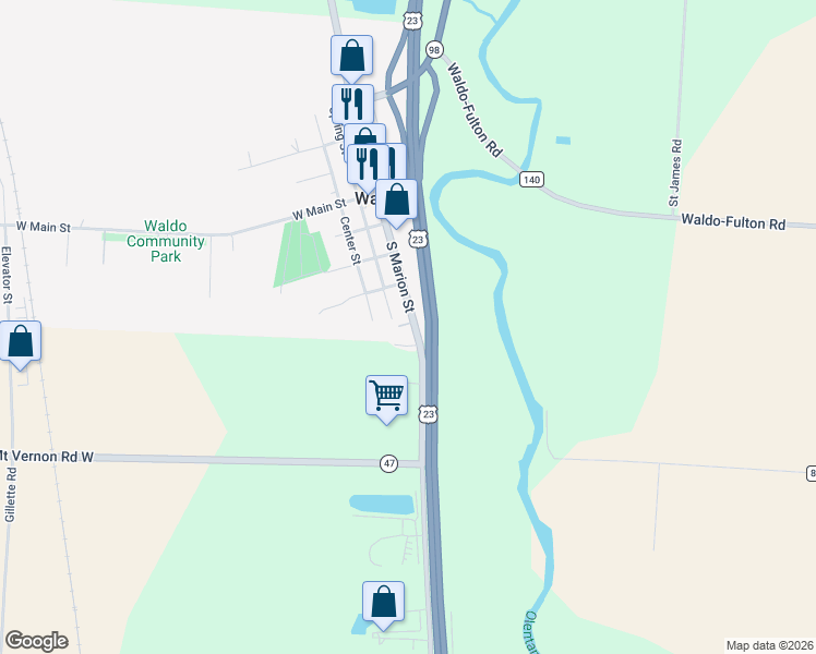 map of restaurants, bars, coffee shops, grocery stores, and more near 309 South Marion Street in Waldo
