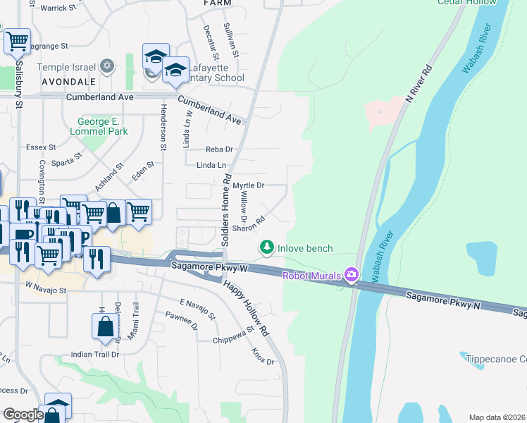 map of restaurants, bars, coffee shops, grocery stores, and more near 226 Sharon Road in West Lafayette