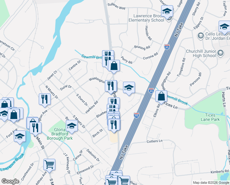 map of restaurants, bars, coffee shops, grocery stores, and more near 172 Ryders Lane in New Brunswick