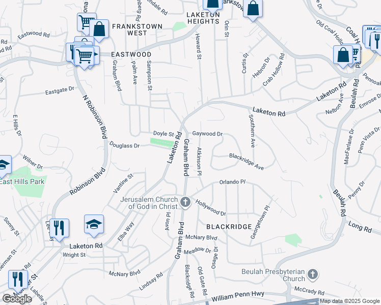 map of restaurants, bars, coffee shops, grocery stores, and more near 1842 Graham Boulevard in Pittsburgh