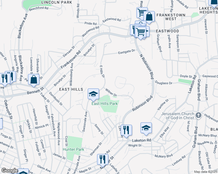map of restaurants, bars, coffee shops, grocery stores, and more near 2330 East Hills Drive in Pittsburgh