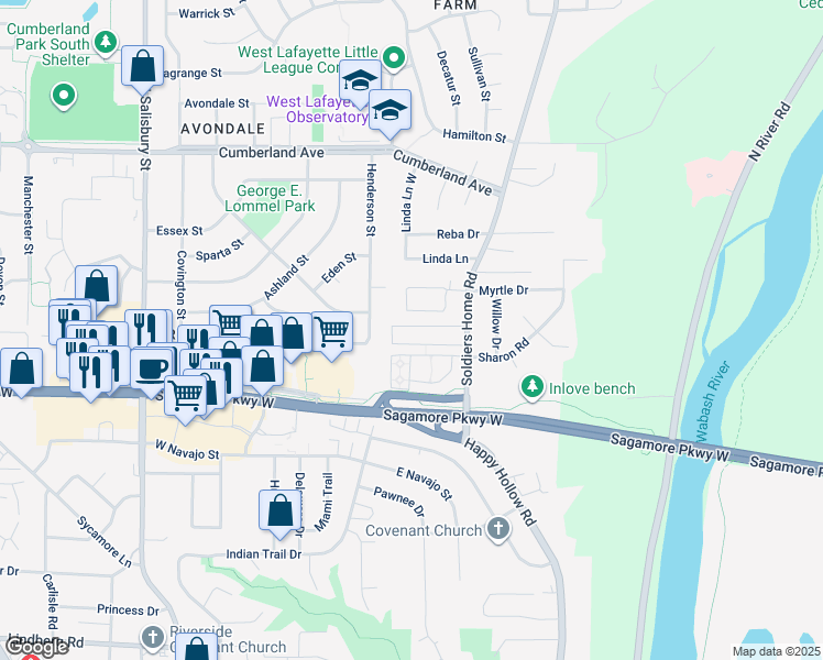 map of restaurants, bars, coffee shops, grocery stores, and more near 2601 Soldiers Home Road in West Lafayette