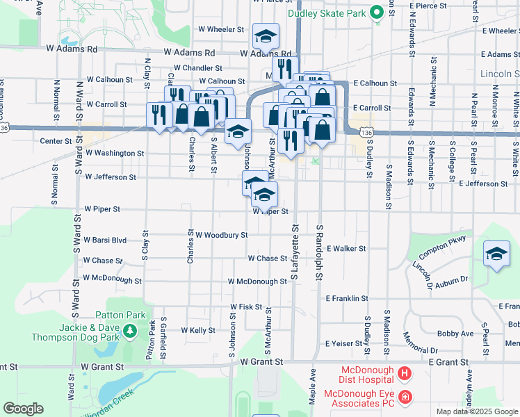 map of restaurants, bars, coffee shops, grocery stores, and more near 214 West Piper Street in Macomb