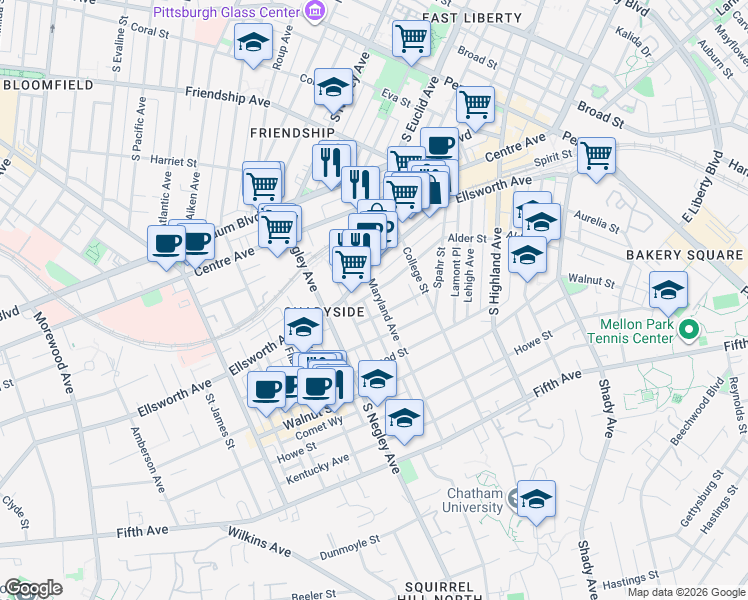 map of restaurants, bars, coffee shops, grocery stores, and more near 642 Maryland Avenue in Pittsburgh