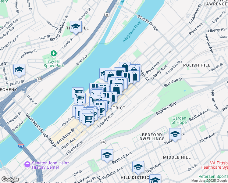 map of restaurants, bars, coffee shops, grocery stores, and more near 2555 Smallman Street in Pittsburgh