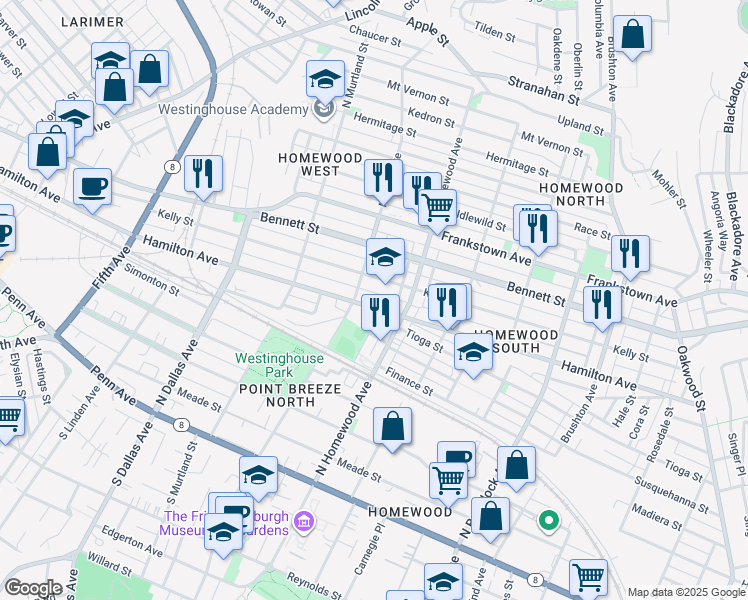 map of restaurants, bars, coffee shops, grocery stores, and more near 7123 Hamilton Avenue in Pittsburgh