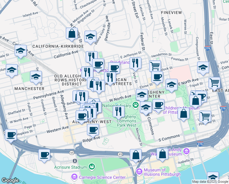 map of restaurants, bars, coffee shops, grocery stores, and more near 600 West North Avenue in Pittsburgh