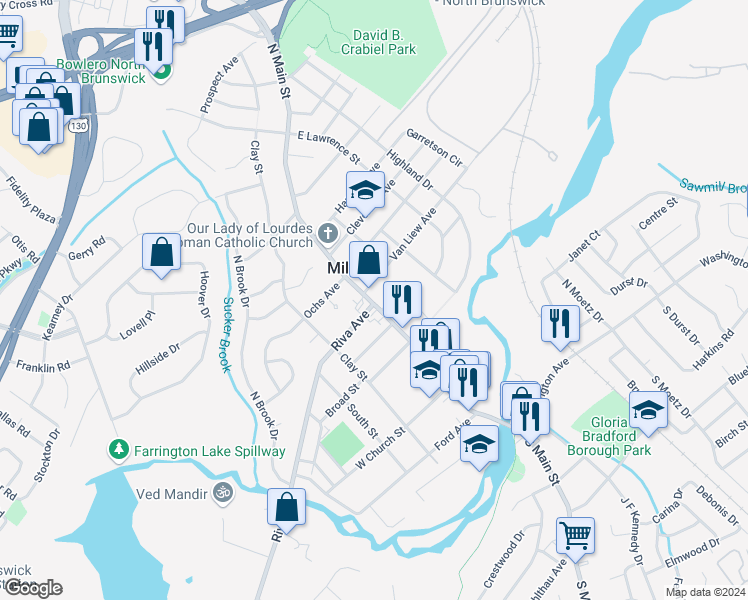 map of restaurants, bars, coffee shops, grocery stores, and more near in Milltown