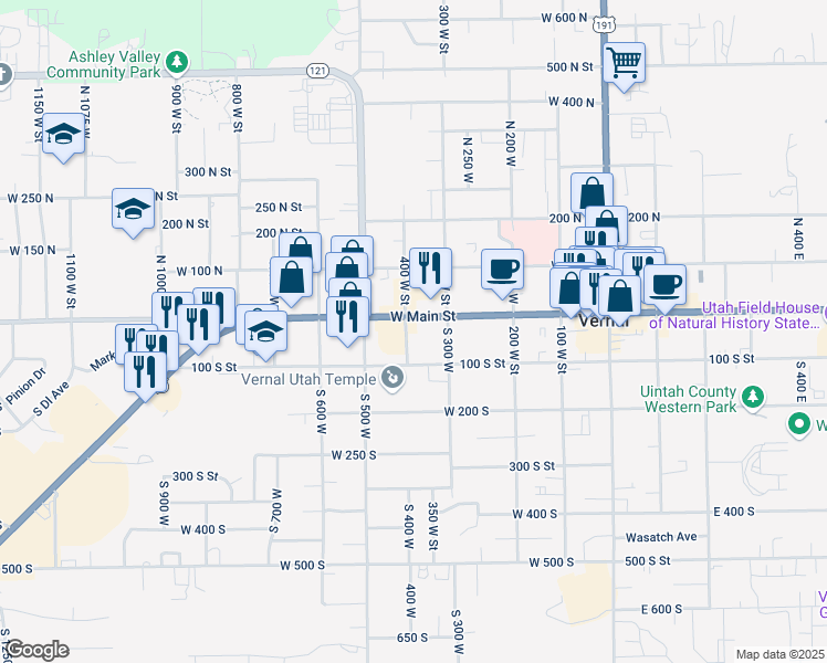 map of restaurants, bars, coffee shops, grocery stores, and more near 395 West Main Street in Vernal