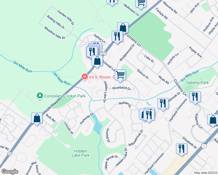map of restaurants, bars, coffee shops, grocery stores, and more near 3 Riverbend Drive in North Brunswick Township