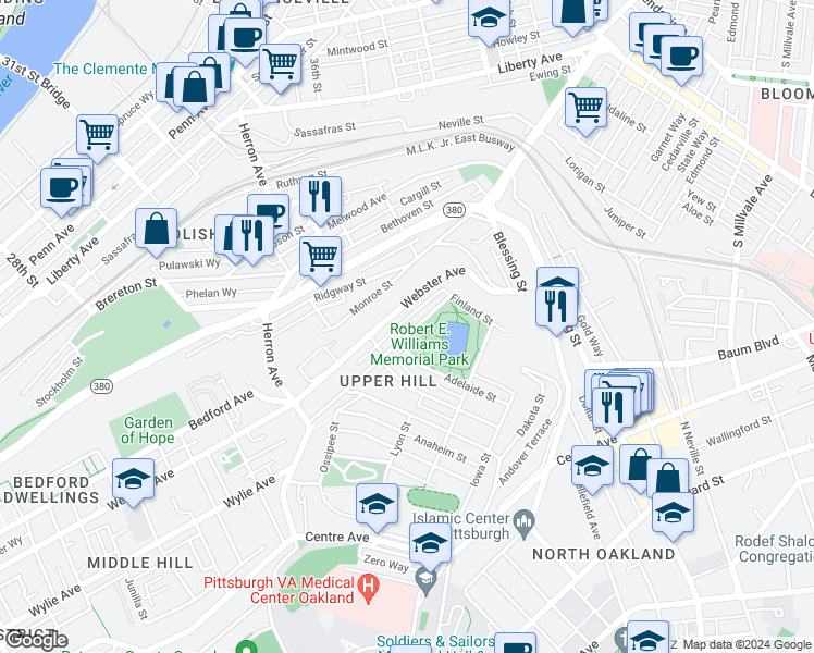 map of restaurants, bars, coffee shops, grocery stores, and more near 3437 Milwaukee Street in Pittsburgh