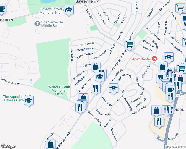 map of restaurants, bars, coffee shops, grocery stores, and more near 9 Buttonwood Drive in Sayreville