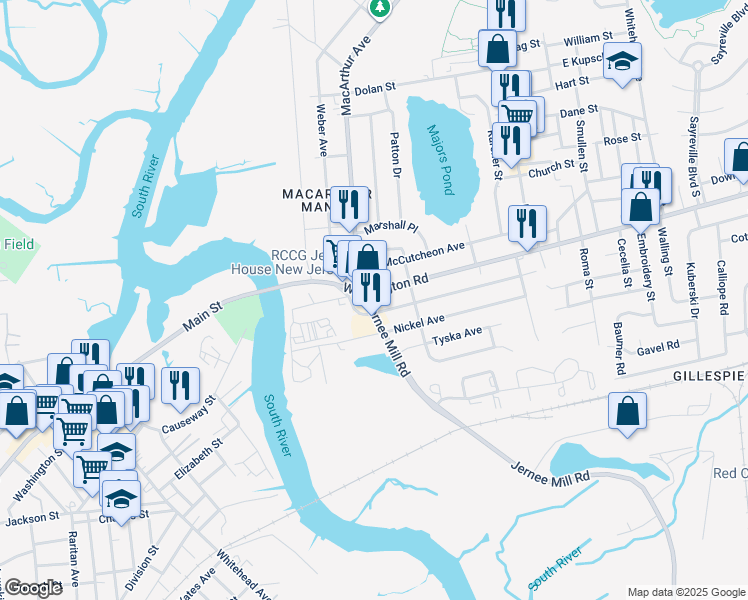 map of restaurants, bars, coffee shops, grocery stores, and more near 52 Washington Road West in Sayreville