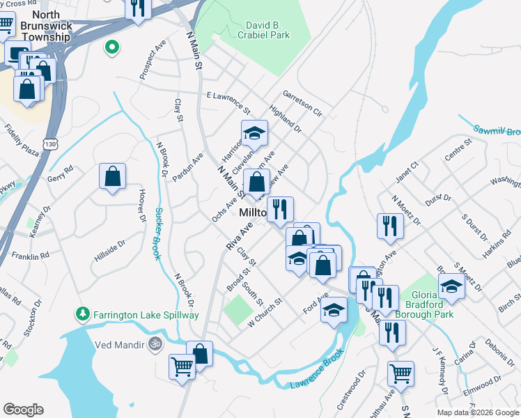 map of restaurants, bars, coffee shops, grocery stores, and more near in Milltown