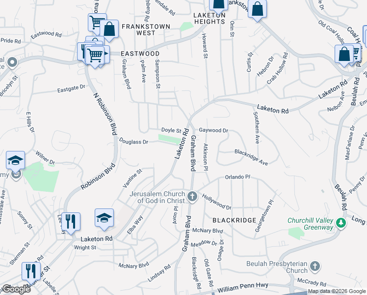 map of restaurants, bars, coffee shops, grocery stores, and more near in Wilkinsburg