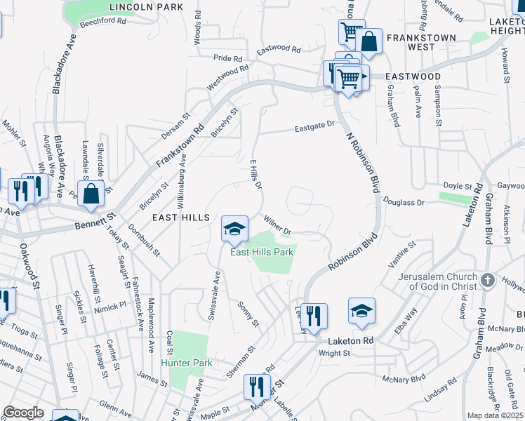 map of restaurants, bars, coffee shops, grocery stores, and more near 2330 East Hills Drive in Pittsburgh