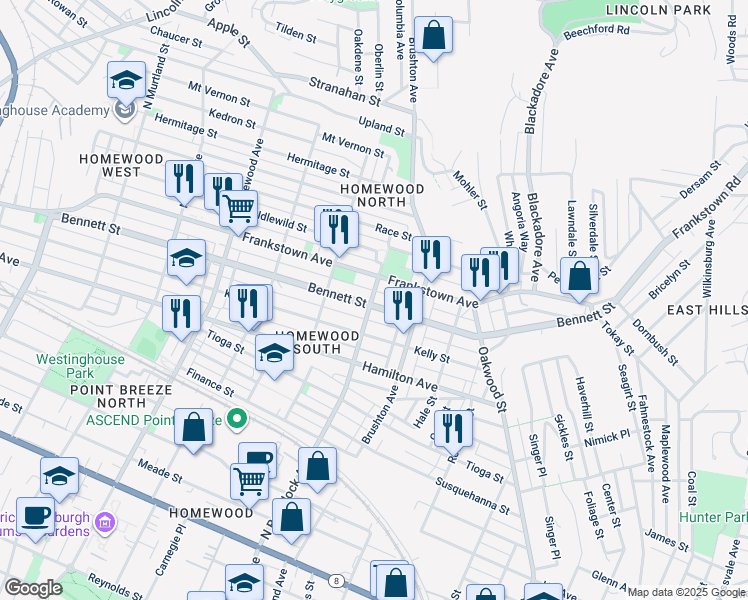 map of restaurants, bars, coffee shops, grocery stores, and more near 7607 Pennsylvania 380 in Pittsburgh