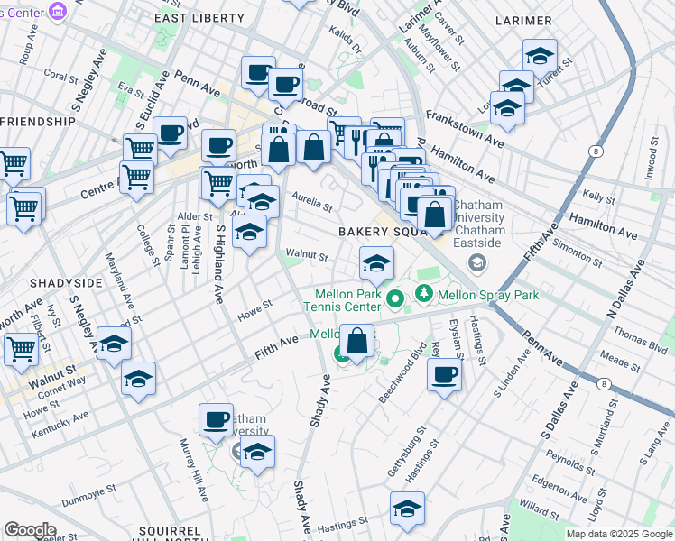 map of restaurants, bars, coffee shops, grocery stores, and more near 342 Denniston Street in Pittsburgh