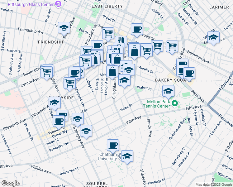 map of restaurants, bars, coffee shops, grocery stores, and more near 6105 Walnut Street in Pittsburgh