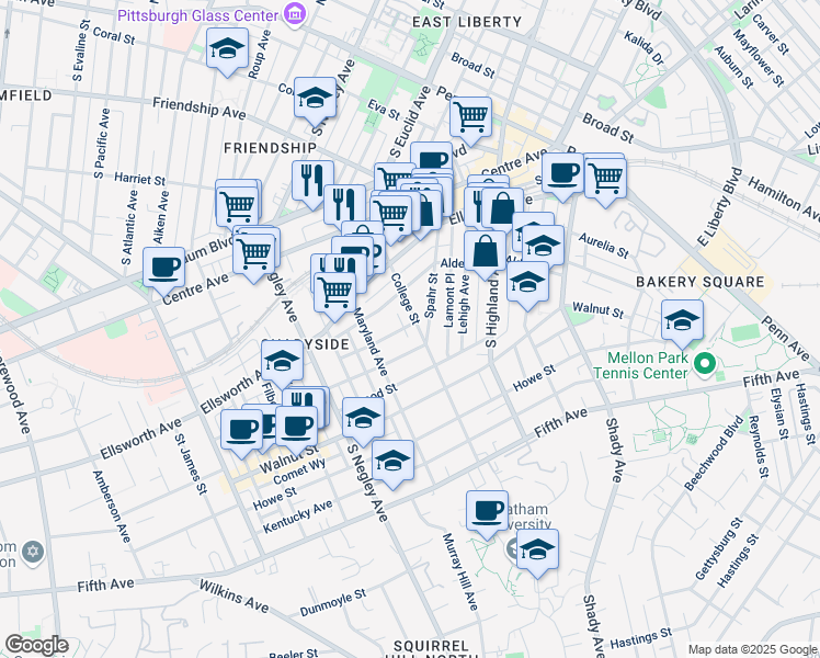 map of restaurants, bars, coffee shops, grocery stores, and more near 5824 Holden Street in Pittsburgh