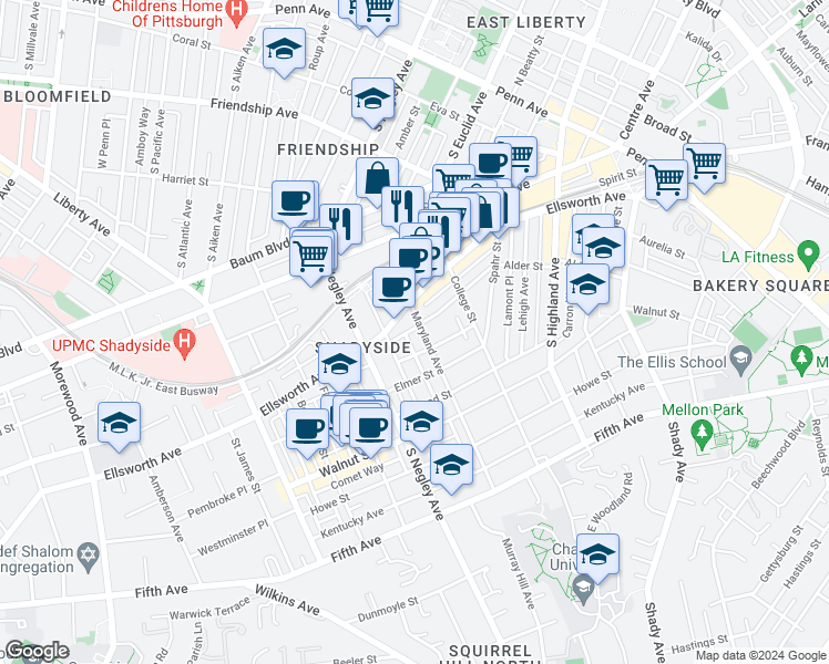 map of restaurants, bars, coffee shops, grocery stores, and more near 642 Maryland Avenue in Pittsburgh