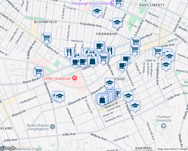 map of restaurants, bars, coffee shops, grocery stores, and more near 411 Noble Street in Pittsburgh