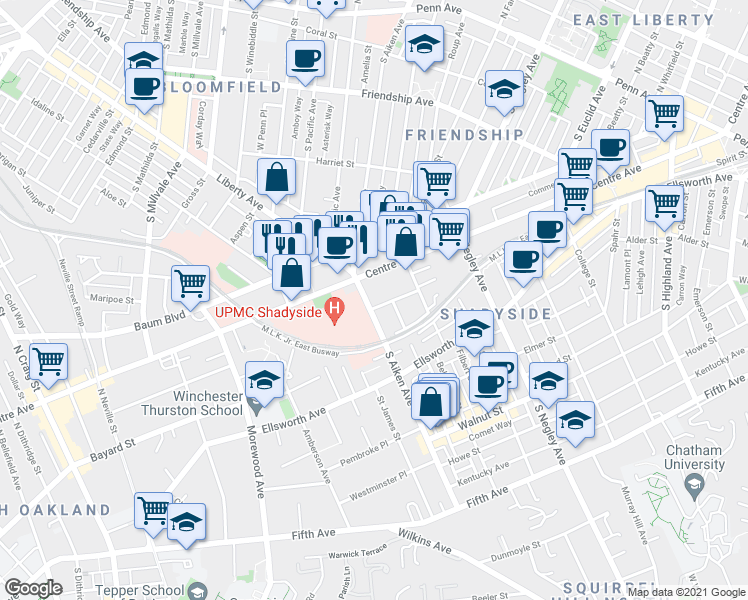 map of restaurants, bars, coffee shops, grocery stores, and more near 529 South Aiken Avenue in Pittsburgh