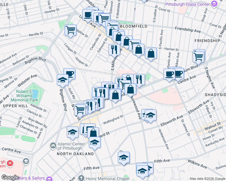 map of restaurants, bars, coffee shops, grocery stores, and more near 760 Broughton Street in Pittsburgh
