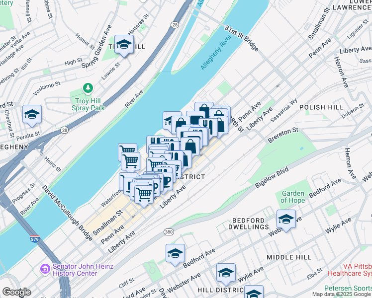 map of restaurants, bars, coffee shops, grocery stores, and more near 2550 Smallman Street in Pittsburgh