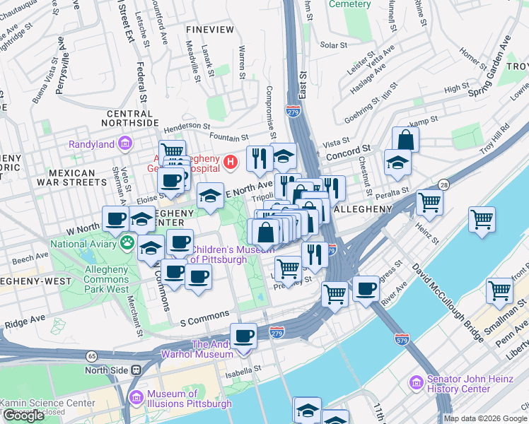 map of restaurants, bars, coffee shops, grocery stores, and more near 820 James Street in Pittsburgh