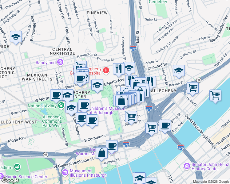 map of restaurants, bars, coffee shops, grocery stores, and more near in Pittsburgh