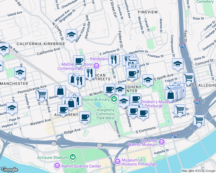 map of restaurants, bars, coffee shops, grocery stores, and more near 302 West North Avenue in Pittsburgh
