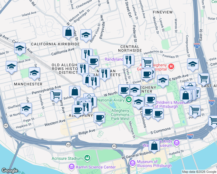map of restaurants, bars, coffee shops, grocery stores, and more near 600 West North Avenue in Pittsburgh