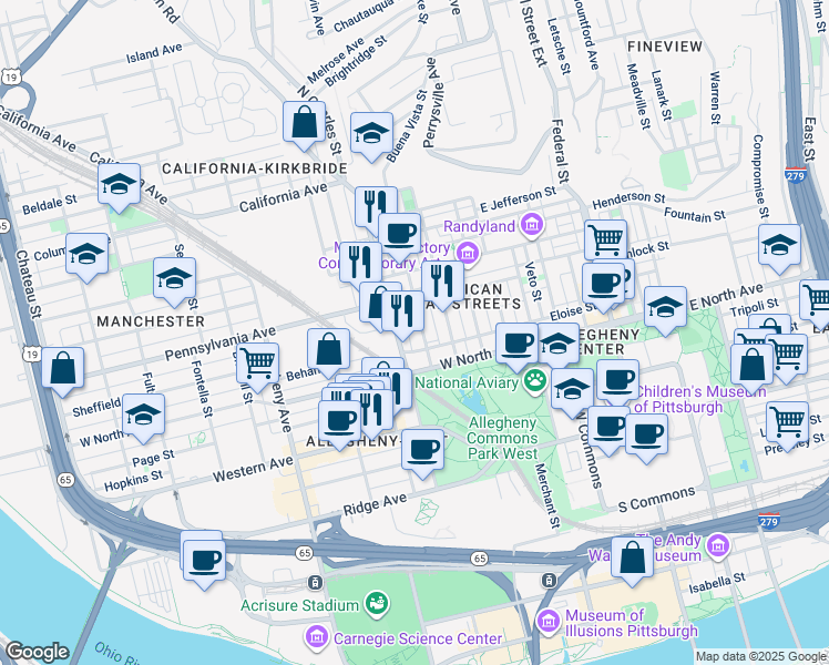 map of restaurants, bars, coffee shops, grocery stores, and more near 1218 Drovers Way in Pittsburgh