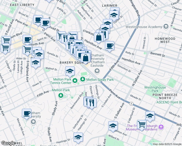 map of restaurants, bars, coffee shops, grocery stores, and more near 6585 Penn Avenue in Pittsburgh