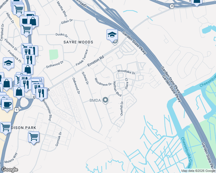 map of restaurants, bars, coffee shops, grocery stores, and more near 1 Tall Oaks Court in Sayreville