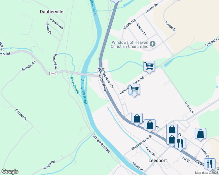 map of restaurants, bars, coffee shops, grocery stores, and more near 5775 Pottsville Pike in Leesport