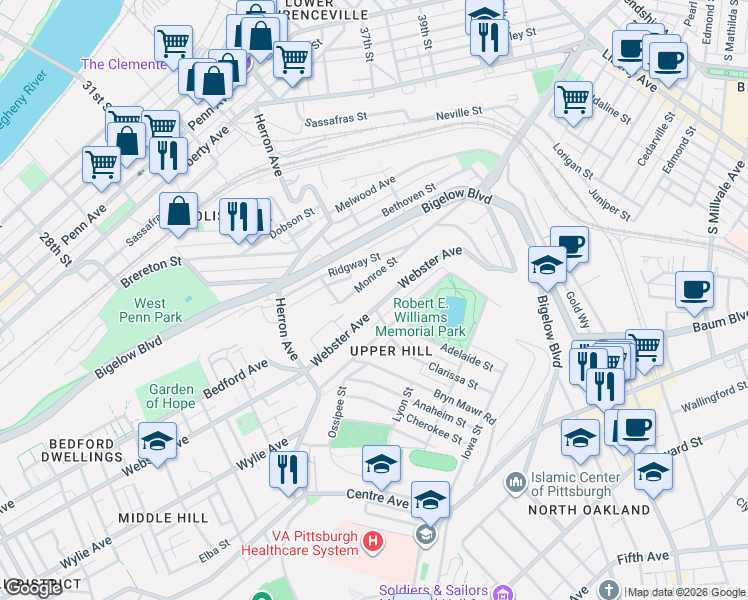 map of restaurants, bars, coffee shops, grocery stores, and more near 3397 Webster Avenue in Pittsburgh