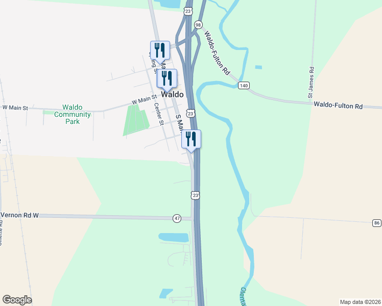 map of restaurants, bars, coffee shops, grocery stores, and more near 309 South Marion Street in Waldo