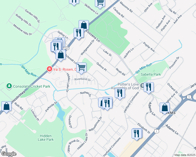 map of restaurants, bars, coffee shops, grocery stores, and more near 1149 Schmidt Lane in North Brunswick Township