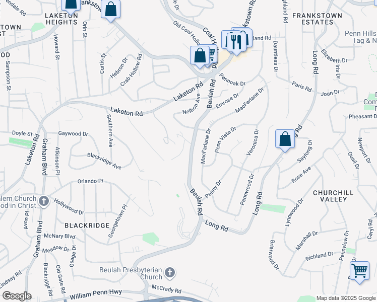map of restaurants, bars, coffee shops, grocery stores, and more near 608 Beulah Road in Pittsburgh