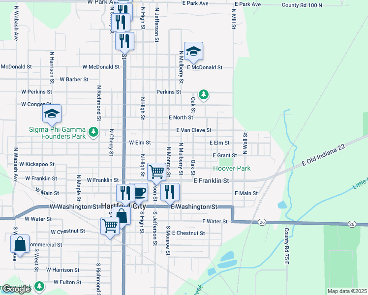 map of restaurants, bars, coffee shops, grocery stores, and more near 504 North Mulberry Street in Hartford City