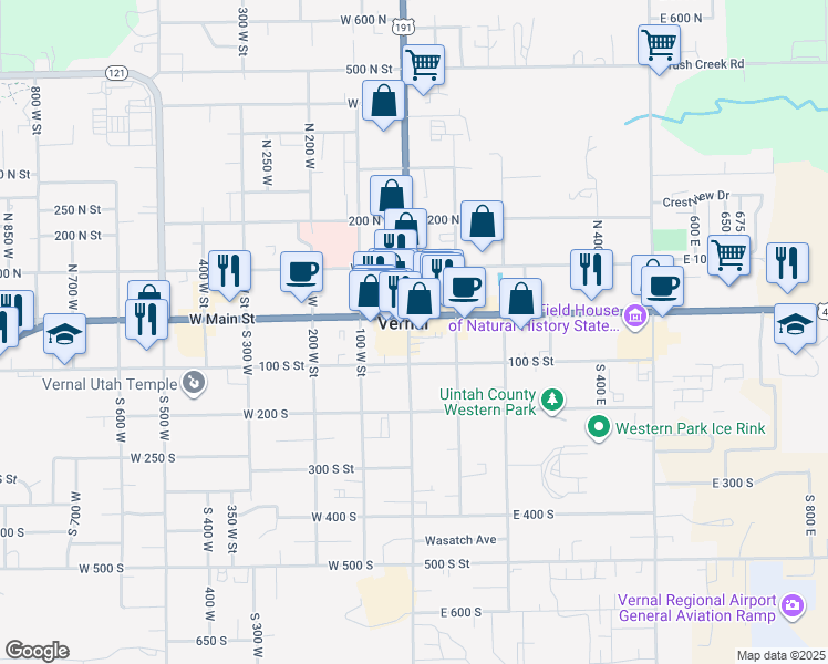 map of restaurants, bars, coffee shops, grocery stores, and more near 29 South Vernal Avenue in Vernal