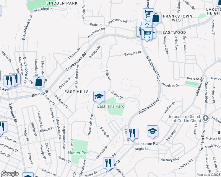 map of restaurants, bars, coffee shops, grocery stores, and more near 2320 East Hills Drive in Pittsburgh