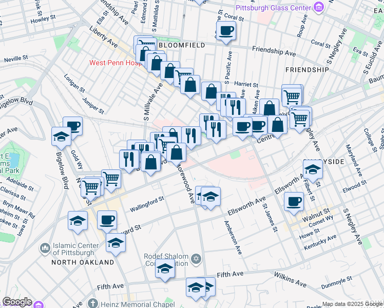 map of restaurants, bars, coffee shops, grocery stores, and more near 5000 Baum Boulevard in Pittsburgh