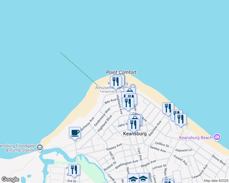 map of restaurants, bars, coffee shops, grocery stores, and more near 46 Beachway Avenue in Keansburg