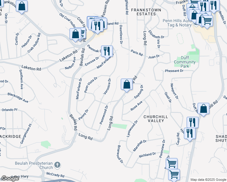 map of restaurants, bars, coffee shops, grocery stores, and more near 526 Pennwood Drive in Pittsburgh