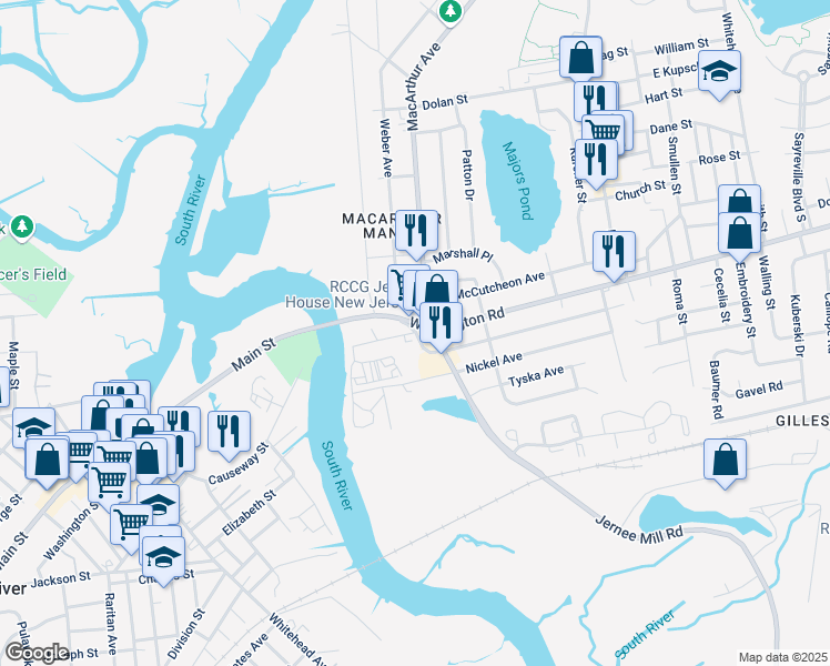 map of restaurants, bars, coffee shops, grocery stores, and more near County Road 535 in Sayreville