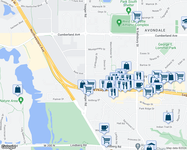 map of restaurants, bars, coffee shops, grocery stores, and more near 2611 Cambridge Street in West Lafayette