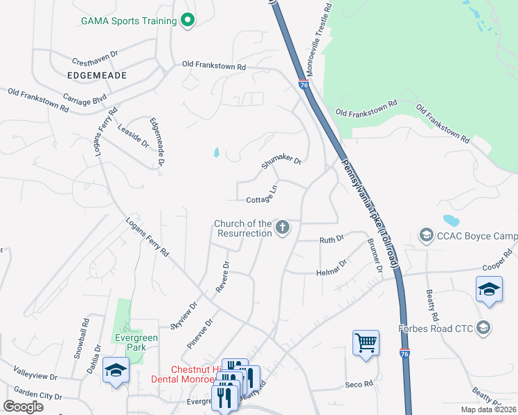 map of restaurants, bars, coffee shops, grocery stores, and more near 508 Cottage Lane in Monroeville